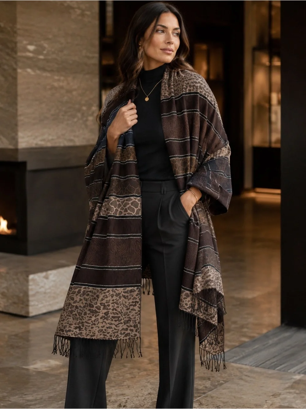 Pashmina Scarf Shawl Wrap Brown Animal Print Metallic Cover Up Fringe 80x27 OSFA